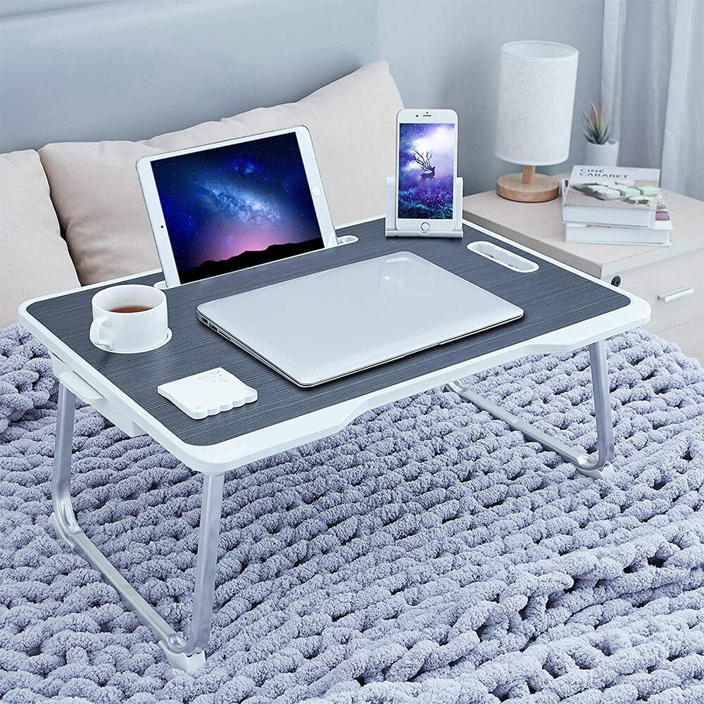 (60X40X28cm-Black) Foldable Computer Study Table Anti-slip Card Slot + Cup Slot + Handle + Drawer Table Monitor Shelf