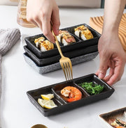 Japanese ceramic three-compartment sauce plate with compartments for appetizers, snacks and dried fruit dishes