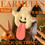 可爱保暖!日系幽灵仔保暖耳罩|防风密绒柔软舒适可爱搞怪|卡通吐舌毛绒耳罩女生用秋冬天季保暖护耳套户外旅行旅游骑行耳包万圣节变装扮装Cosplay变装舞会聚会Party派对头饰饰物饰品(白色