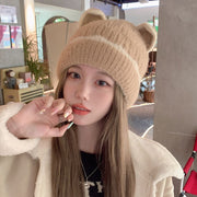 Korean style autumn and winter new cute ear hat for women, Japanese knitted wool hat, winter warm large head circumference cold-proof hat Khaki (with fleece lining)