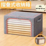 66L 灰色大視窗收納箱 透明視窗 可折疊棉麻布藝儲物箱 收納 衣物箱 儲物籃 衣服被子玩具整理箱