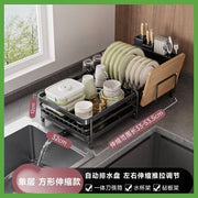 Retractable Dish Drainer A-Type Dish Rack with Cutlery Holder - Black Single-Tier with Adhesive Plate for Knives, Forks, Chopsticks, Cups - Dish Drainer