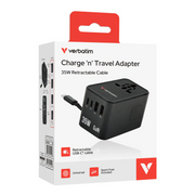 Verbatim 35W Universal Travel Charger (with Retractable USB-C Cable) USB Travel Adapter Smart Charging International Adapter Retractable Plug Fast Charger USB Charger Power Adapter International Safety Certified