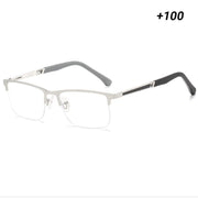 +100 silver half-frame reading glasses metal square frame anti-blue light reading glasses for the elderly