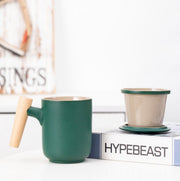 Ceramic Tea Mug with Lid and Infuser - Wooden Handle - Dark Green with Infuser
