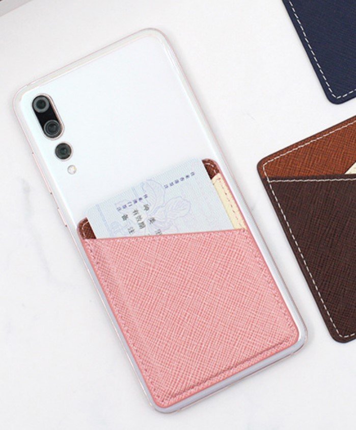 十字紋皮革交叉口袋手機背貼卡套拼搭自粘膠信用卡八達通薄卡套卡包