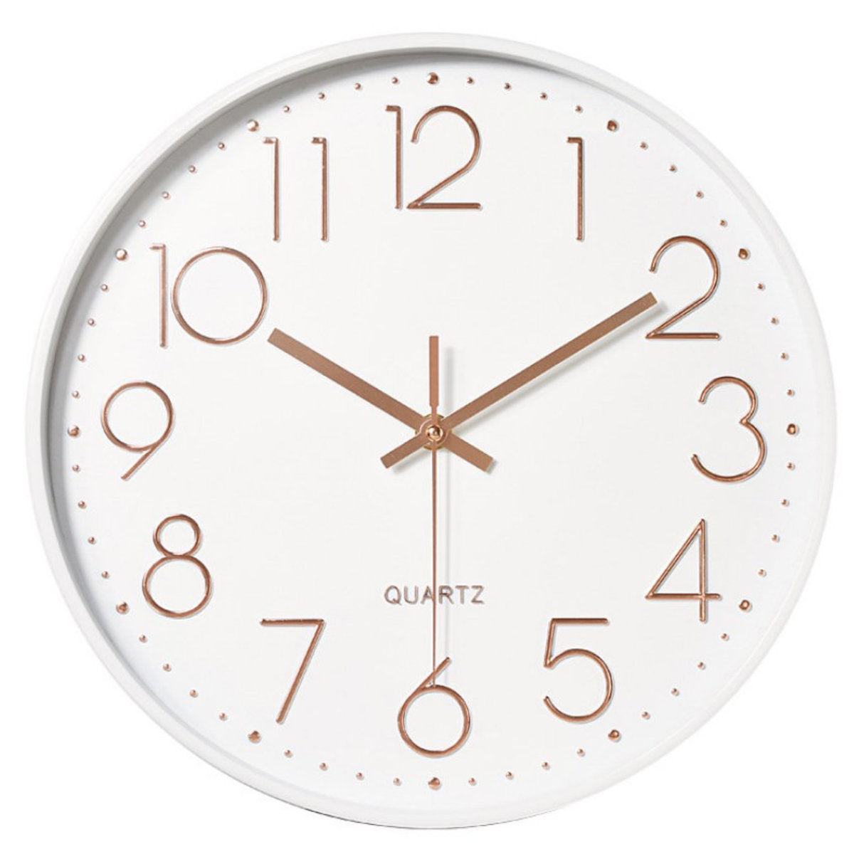 12寸 香檳金簡約白色北歐掛鐘 30cm x 30cm 靜音簡約玫瑰金立體數字刻度靜音掛牆鐘掛鐘時鐘(12寸/30cm) 白色淺色系裝飾簡單款歐美款式掛鐘玫瑰金高貴時鐘廳房通用數字鐘