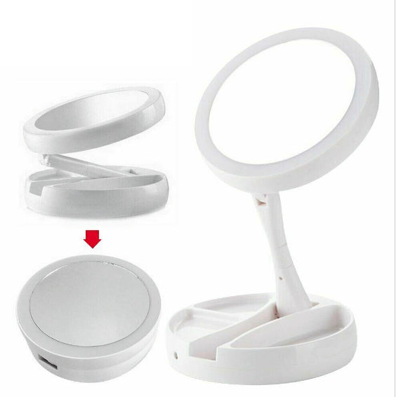 雙面LED化妝鏡帶燈 桌面 折疊梳妝鏡 學生宿舍 便攜 補光