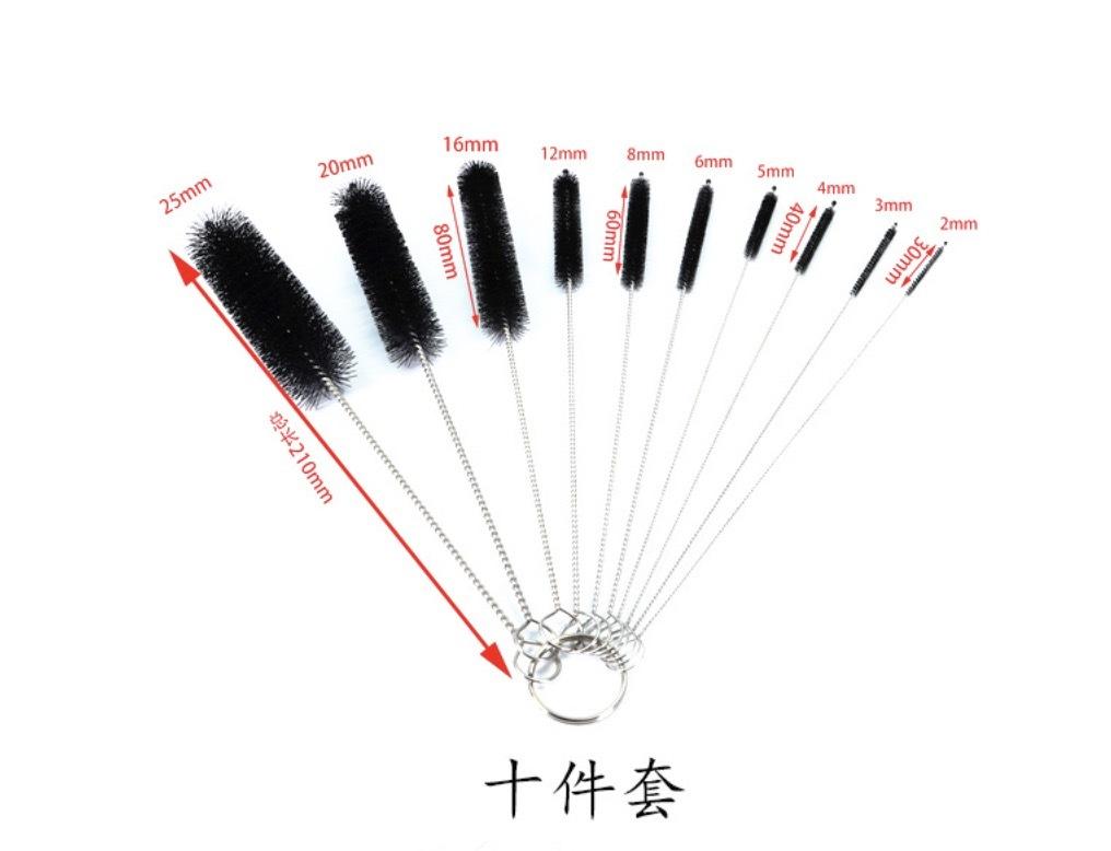 Straw brush 10-piece set stainless steel glass cleaning brush bottle brush test tube brush cup brush black