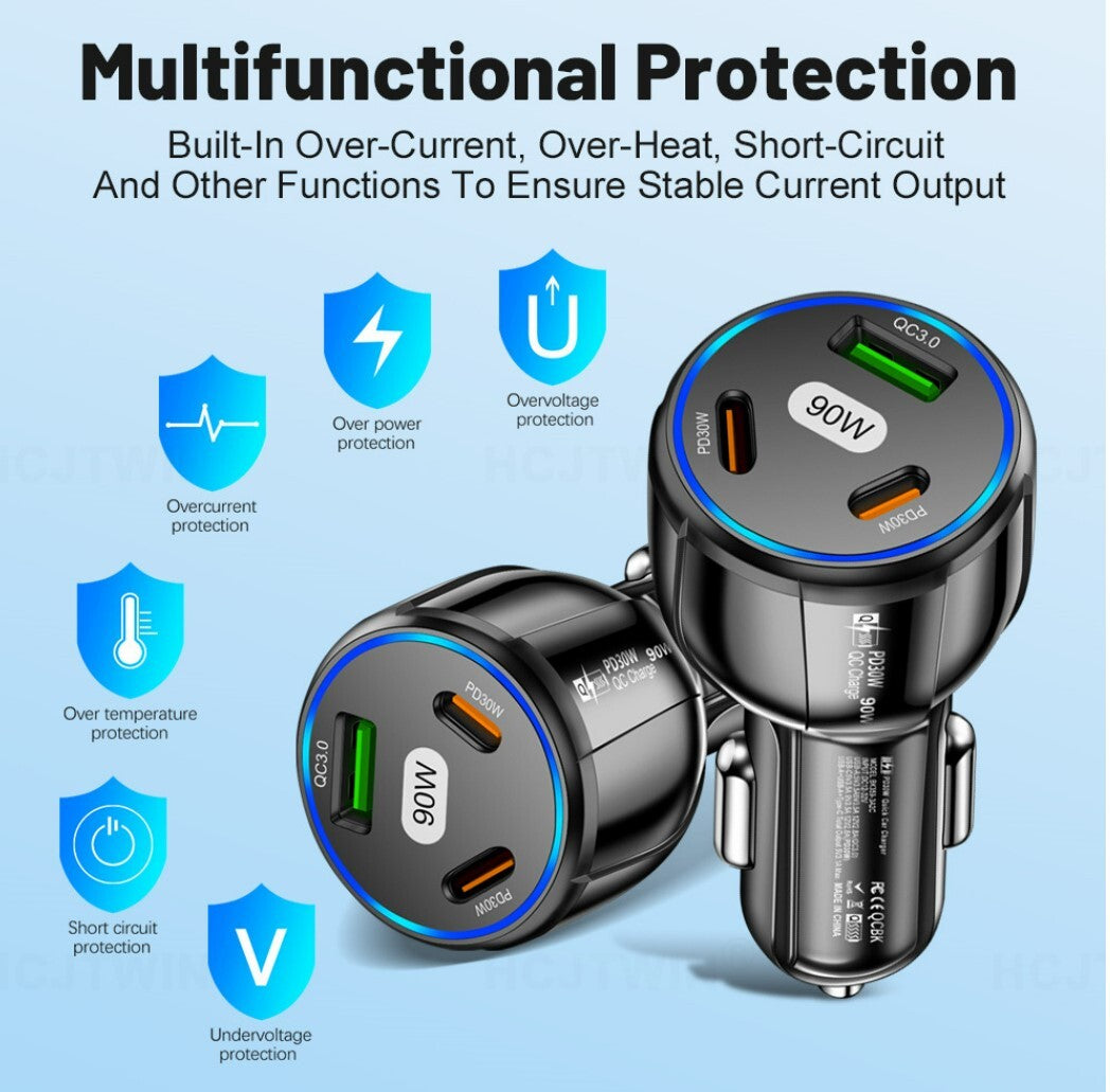 三合一雙線路車載充電器 90W快充一拖 黑色 車用充電器