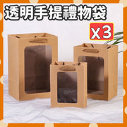 3個 開窗透明手提禮物袋子 (15*10*20cm+18*13*25cm+20*16*30cm/3個套裝/手提帶款式隨機) 普通收納袋