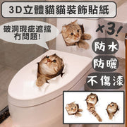 3D立體貓貓裝飾貼紙 破洞瑕疵遮擋 防水防曬耐高溫不傷漆撕除不留膠貼紙 筆記本電腦平板電腦汽車雪櫃冰箱洗衣機家居貼紙 兒童房客廳牆貼紙裝飾貼畫 馬桶蓋裝飾貼紙廁所坐便浴室翻新貼畫(3個裝)
