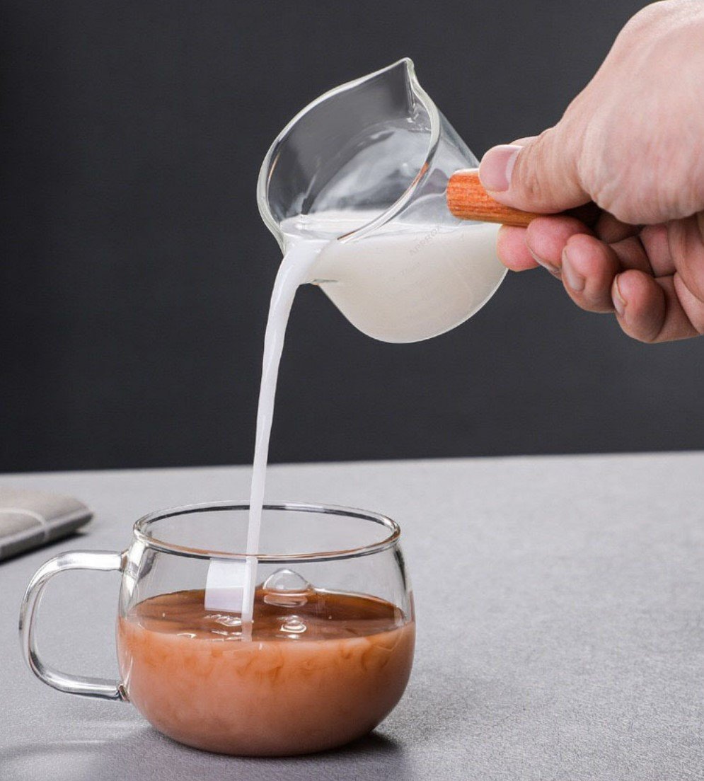 75ml Wooden Handle Double Spout Measuring Cup, 75ml Coffee Ounce Household Double Measurement High Borosilicate Glass Measuring Cup for Espresso, Graduated Double Spout Glass Cup, Milk Cup, Espresso
