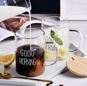 GOOD MORNING 玻璃杯 連手柄 早餐杯子 家用 果汁杯 燕麥杯 牛奶杯 咖啡杯 打卡杯 白色450ml 水杯