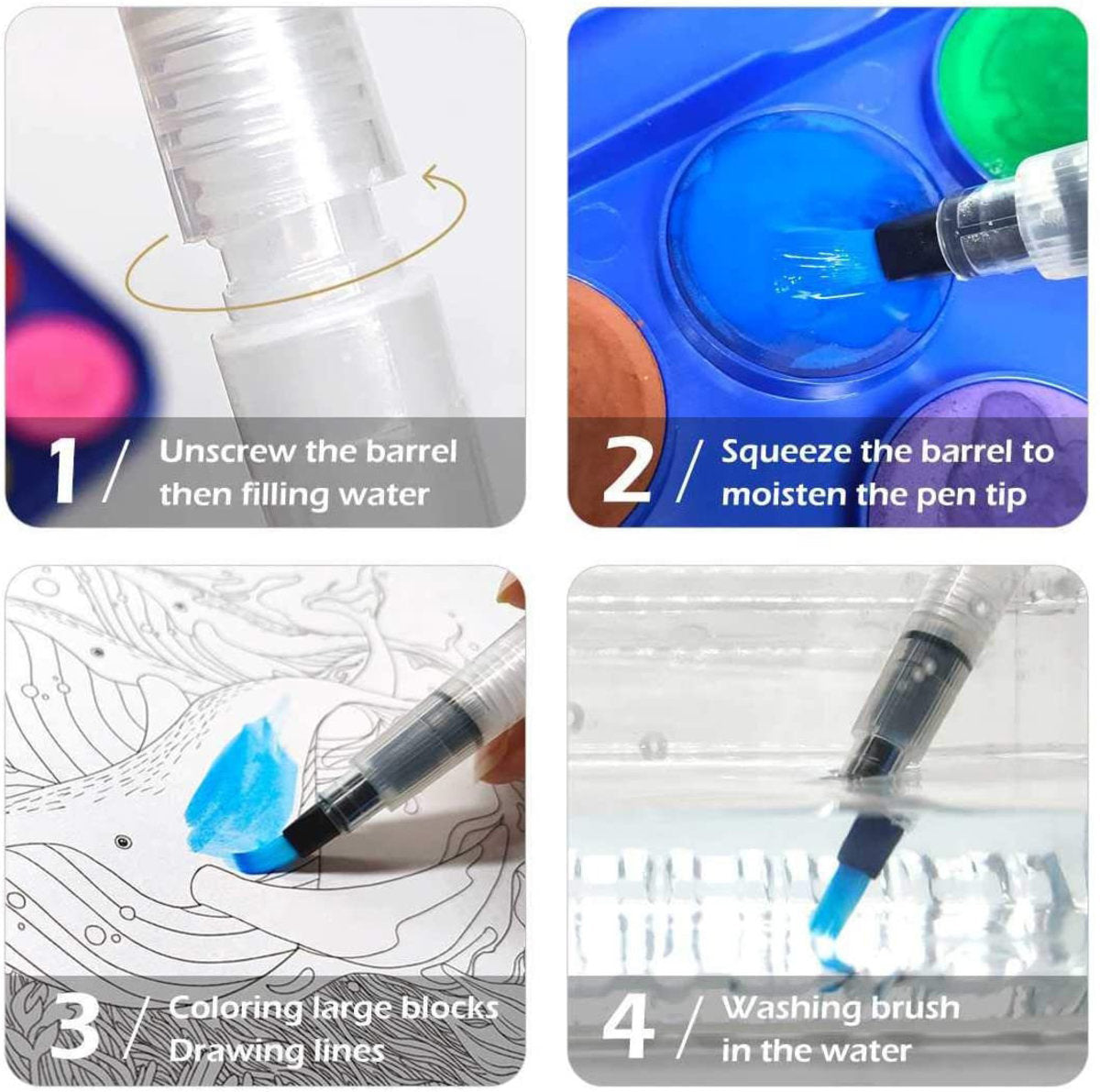 6支套裝- 水彩筆 兒童彩繪儲水用水筆 尖頭 平頭 多尺寸 水彩筆 毛筆 塗鴉彩繪 儲水毛筆 固體水彩顏料 自來水筆/勾線/暈染毛筆/水筆 筆袋 學童畫具 水彩水筆禮盒