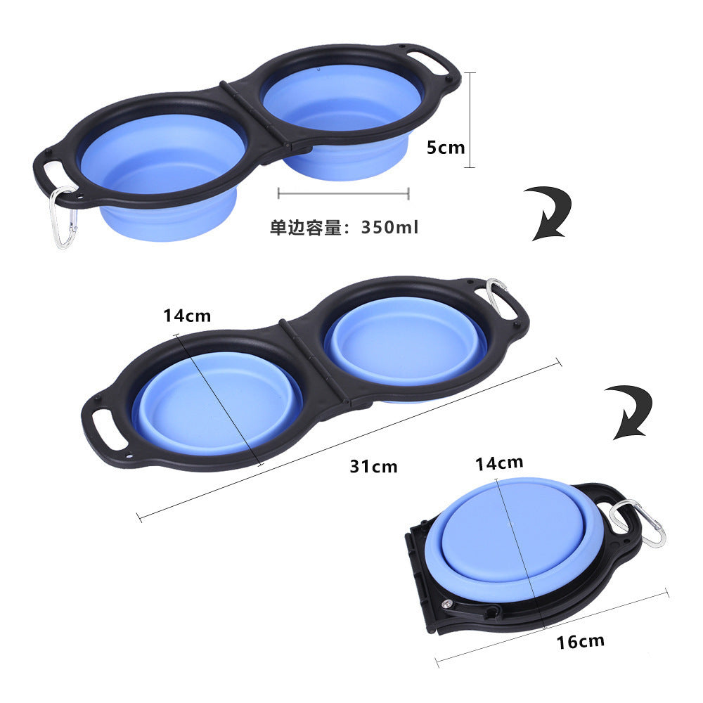 黑框折疊矽膠寵物碗 戶外寵物雙碗食具批發寵物用品 便攜狗碗 藍色 狗碗