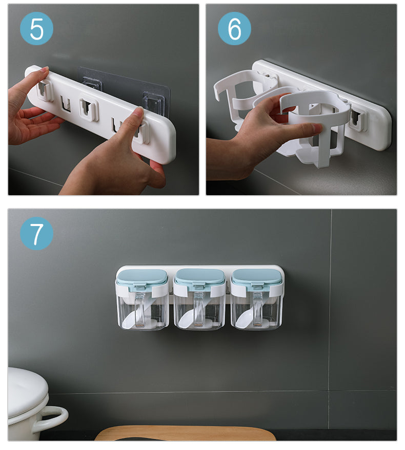 現代壁掛式多格調味盒(三入組) 免打孔廚房調味盒 家用壁掛式方形組合裝 翻蓋佐料鹽罐砂糖白糖食鹽胡椒粉調味罐收納套裝(白色;連背板帶勺)