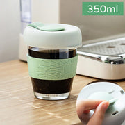 環保玻璃隨手咖啡杯便攜 自備杯 隨行杯矽膠隨帶蓋水杯 350ML