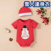 Baby boys' and girls' Christmas-themed short-sleeved snowman print romper with matching hat -