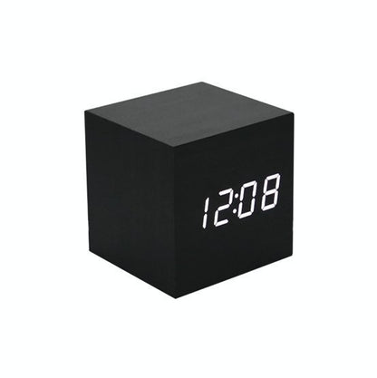 Japanese multifunctional square wood grain bamboo LED clock - black wood grain electronic clock