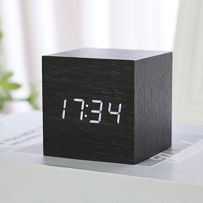 Japanese multifunctional square wood grain bamboo LED clock - black wood grain electronic clock