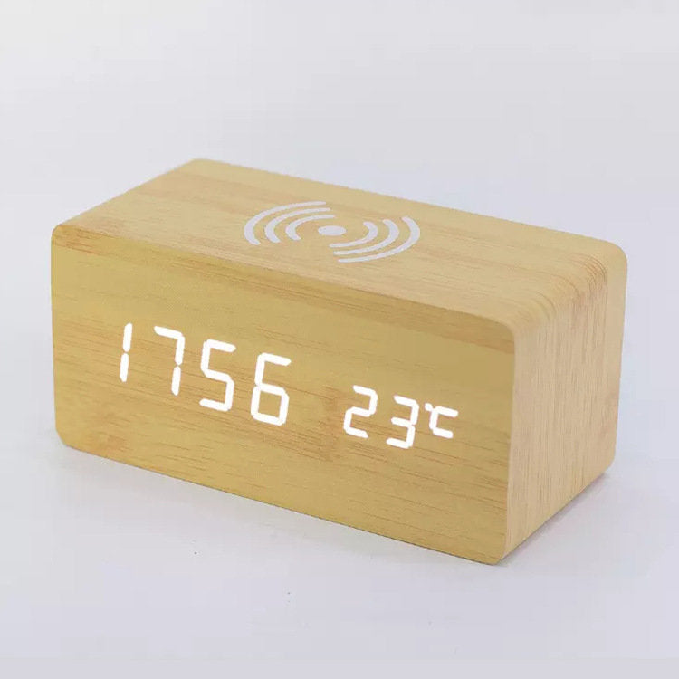 Japanese Wireless Charging Multi-Function Wood Grain Bamboo LED Clock/Alarm Clock/Thermometer/Date-Bamboo Wood Grain iPhone 13 Electronic Clock