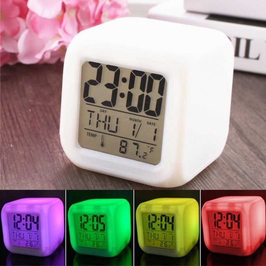 Simple Japanese Color Changing Alarm Clock Creative Square White Clock LED Silent Luminous Electronic Clock/Simple Design/With Colorful Lights/Date Function/Temperature Function 8cm x 8cm