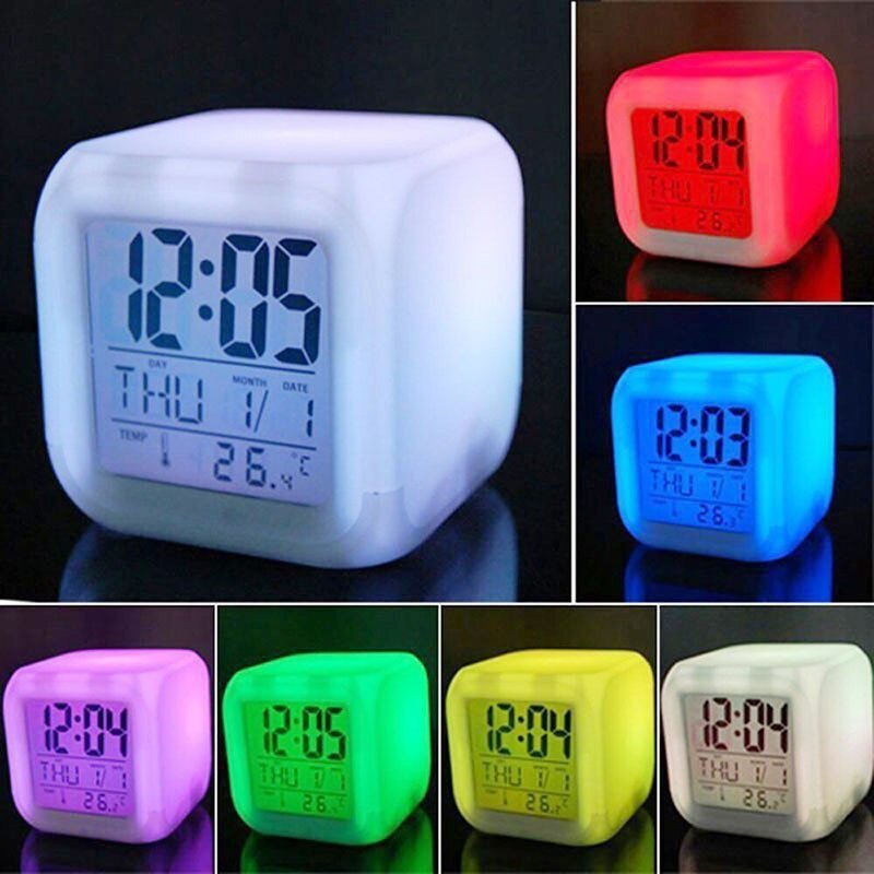 Simple Japanese Color Changing Alarm Clock Creative Square White Clock LED Silent Luminous Electronic Clock/Simple Design/With Colorful Lights/Date Function/Temperature Function 8cm x 8cm