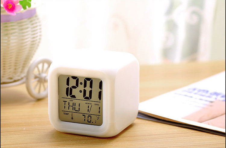 Simple Japanese Color Changing Alarm Clock Creative Square White Clock LED Silent Luminous Electronic Clock/Simple Design/With Colorful Lights/Date Function/Temperature Function 8cm x 8cm