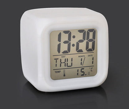 Simple Japanese Color Changing Alarm Clock Creative Square White Clock LED Silent Luminous Electronic Clock/Simple Design/With Colorful Lights/Date Function/Temperature Function 8cm x 8cm