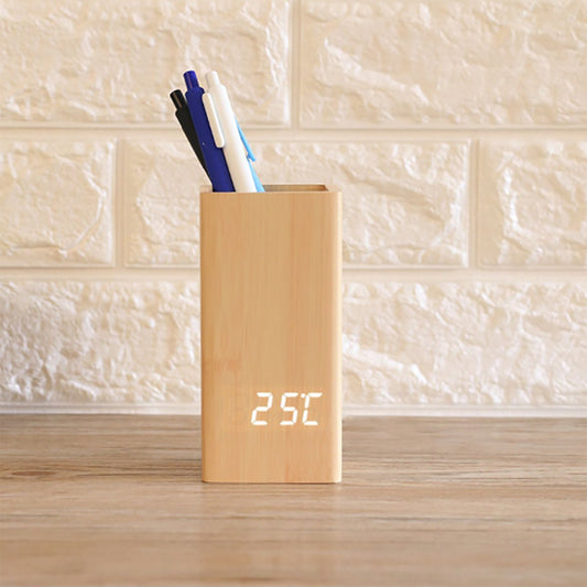 Japanese Multifunctional Wood Grain Bamboo LED Clock/Thermometer/Date Pen Holder-Bamboo Storage Stationery