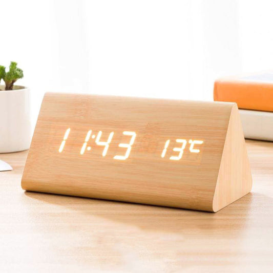 Japanese multifunctional triangular wood grain bamboo LED clock/alarm clock/thermometer/date-bamboo wood grain electronic clock