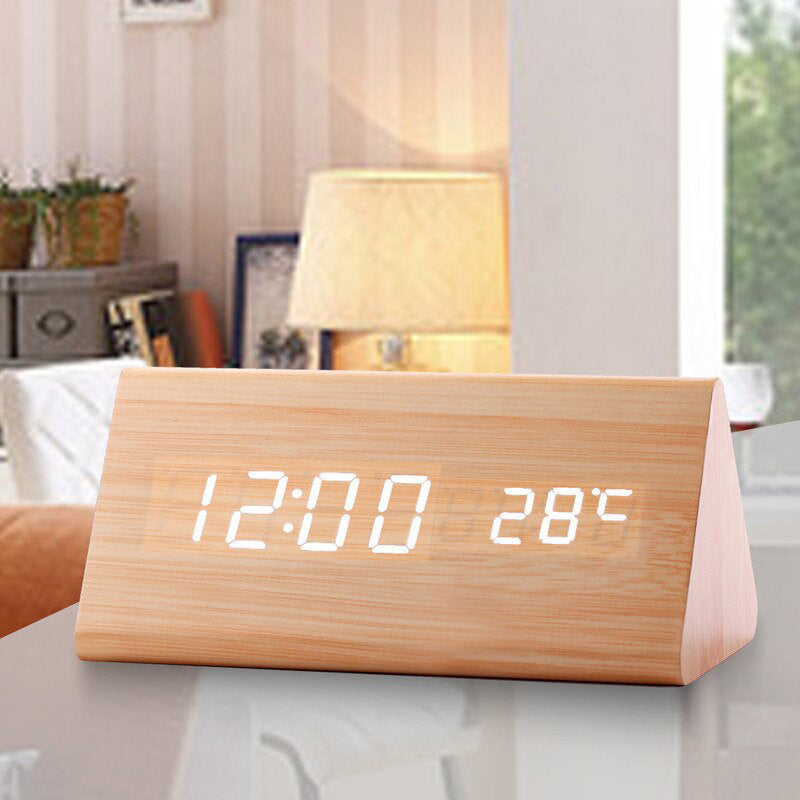 Japanese multifunctional triangular wood grain bamboo LED clock/alarm clock/thermometer/date-bamboo wood grain electronic clock