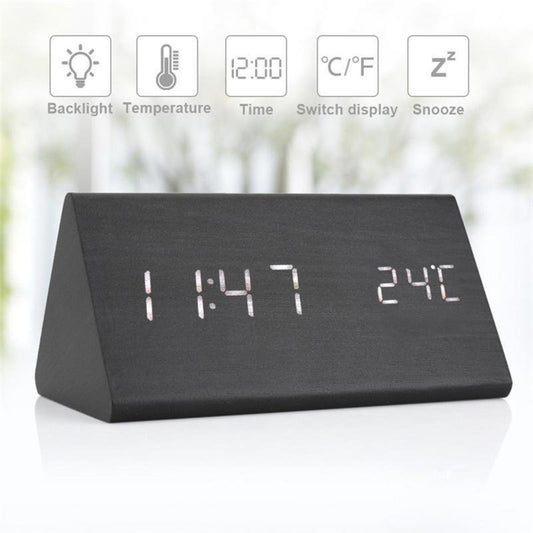 Japanese multifunctional triangular wood grain bamboo LED clock/alarm clock/thermometer/date-black wood grain electronic clock