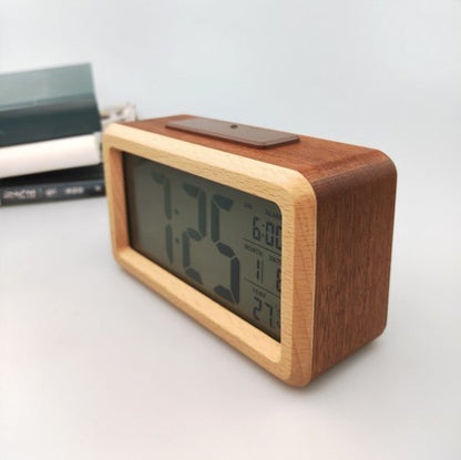 Japanese two-color multi-functional wood grain bamboo LED clock/thermometer/date/alarm clock unprinted style backlit electronic clock