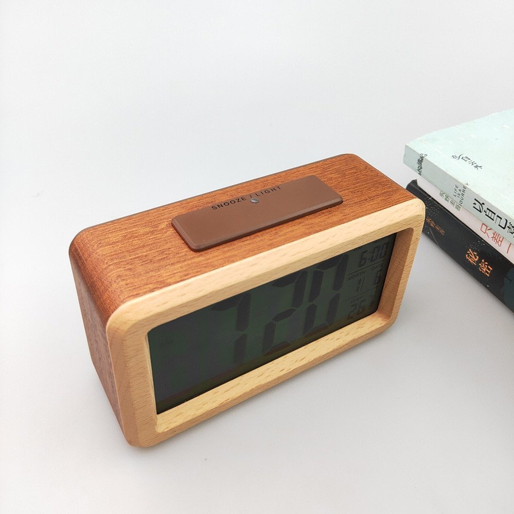 Japanese two-color multi-functional wood grain bamboo LED clock/thermometer/date/alarm clock unprinted style backlit electronic clock