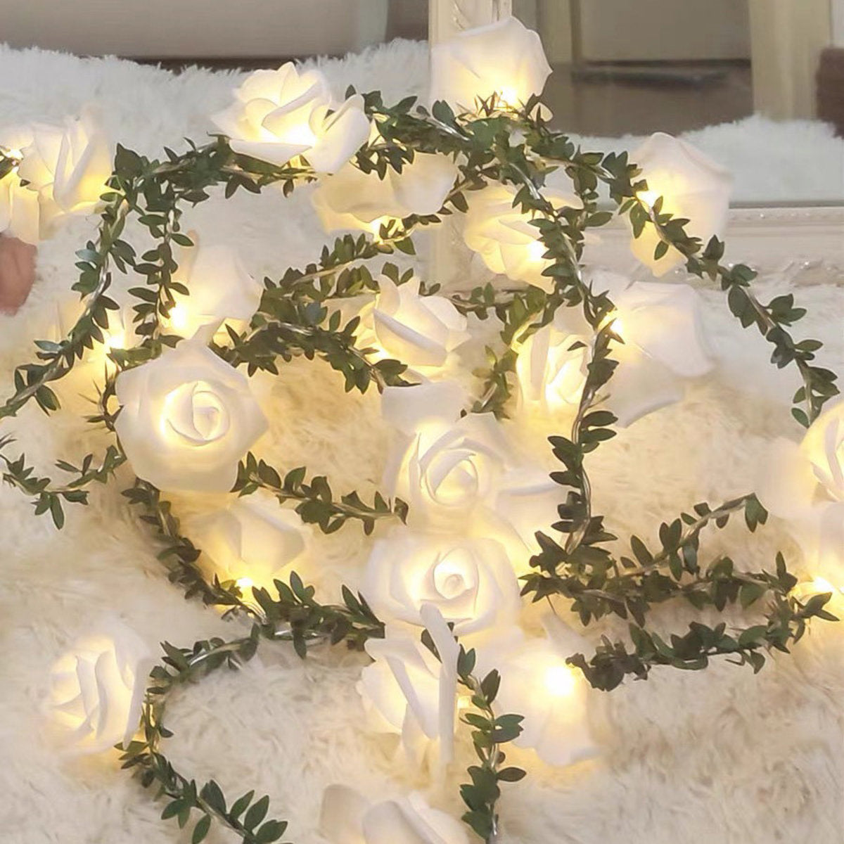 Battery type LED rose leaf green leaf rattan light - warm white string light romantic decoration decoration proposal decoration 1.5m light bulb