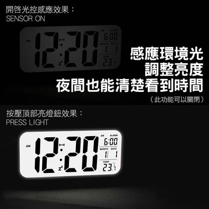 日系 簡約 大螢幕電子鬧鐘 Alarm Clock LED時鐘 溫度計 數字鐘 光控聰明鐘 電子鐘 電子時鐘 白色 座枱鬧鐘 電子鐘