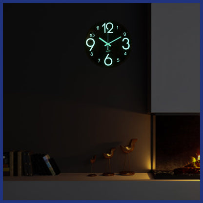 12寸木紋靜音夜光掛鐘 木製熒光時鐘 簡約掛鐘