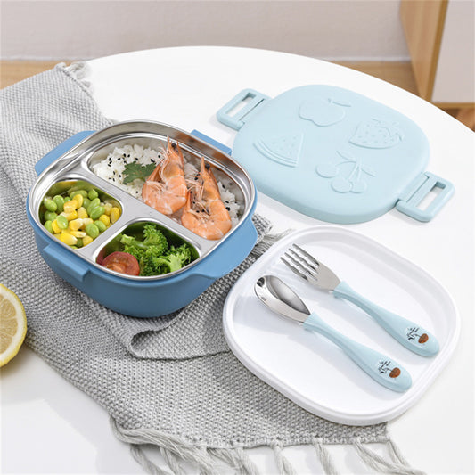 Blue 304 stainless steel insulated lunch box student lunch box divided plate tableware [parallel import]