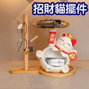 招財貓家居擺件 玄關鑰匙收納 前台開業裝飾 喬遷 新居禮品 托盤貓 -托盤大肚收納招財貓+葫蘆木架