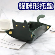 Cartoon Cute Cat Shaped Tray Nordic Style Desktop Storage Box Vintage Leather Entryway Storage Box - Green 8.5X14.5