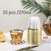 25-pack 9oz gold rim disposable cups (270ml) plastic cups disposable plastic cups clear plastic cups for celebrations, parties, banquets, birthdays, wine glasses, camping, party essentials