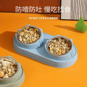 (蓝色）宠物猫碗304不锈钢自动饮水防打翻狗狗食盆喂食双碗宠物猫咪护颈碗
