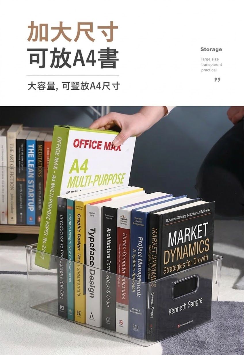 特大尺寸！高清透明收納籃｜超大容量 學生書桌文具整理架 雜物儲存 檔案分類 提手設計 房間衣櫃抽屜桌面整理籃 兒童小朋友玩具毛公仔書本衣物毛巾化妝品雜物收納筐 儲物盒 辦公室Office文件架 儲物箱- View 3-ManyMart 萬嚟買
