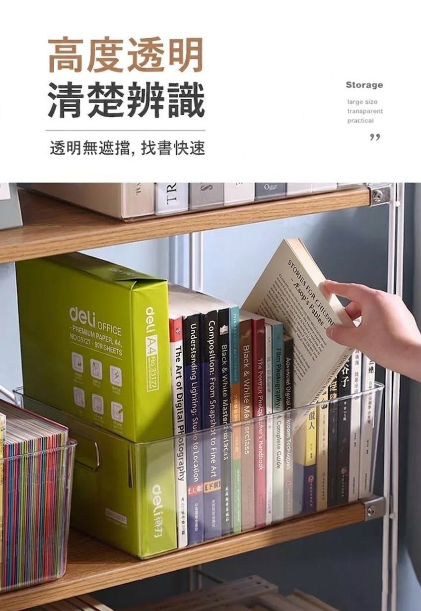 特大尺寸！高清透明收納籃｜超大容量 學生書桌文具整理架 雜物儲存 檔案分類 提手設計 房間衣櫃抽屜桌面整理籃 兒童小朋友玩具毛公仔書本衣物毛巾化妝品雜物收納筐 儲物盒 辦公室Office文件架 儲物箱- View 5-ManyMart 萬嚟買