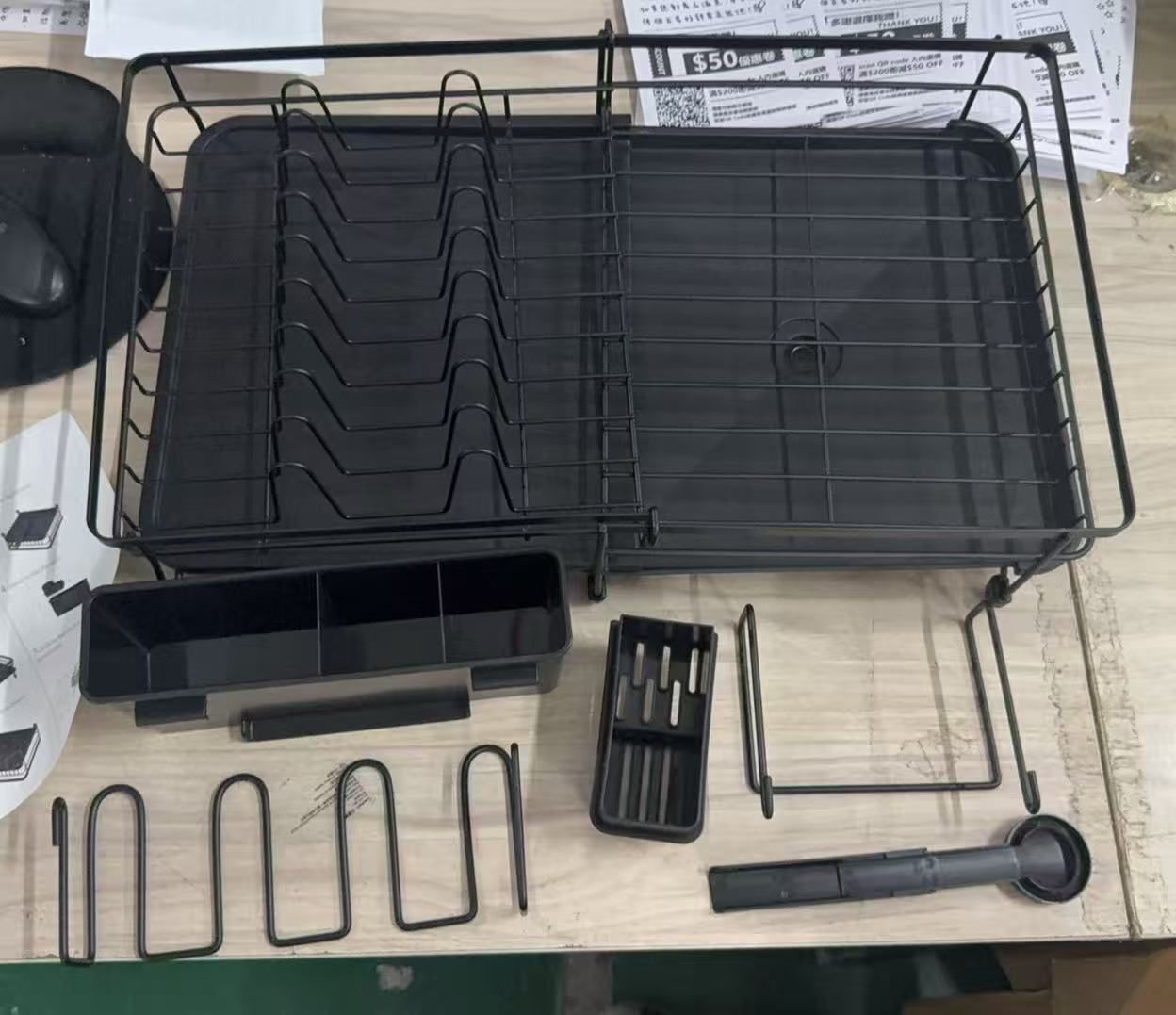 可伸縮碗碟瀝水槽 A款 碗盤餐具收納架 黑色單層 黏板刀叉筷杯具置物架 碗碟架 瀝水架- View 2-ManyMart 萬嚟買