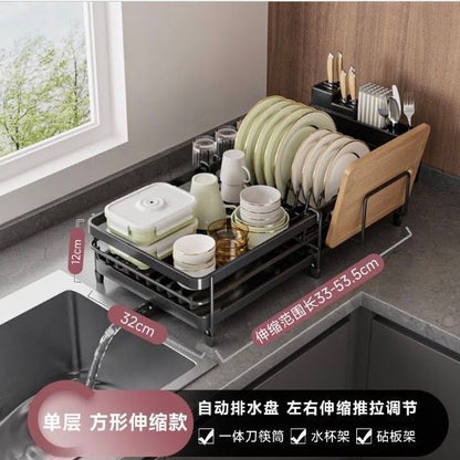 可伸縮碗碟瀝水槽 A款 碗盤餐具收納架 黑色單層 黏板刀叉筷杯具置物架 碗碟架 瀝水架- View 4-ManyMart 萬嚟買