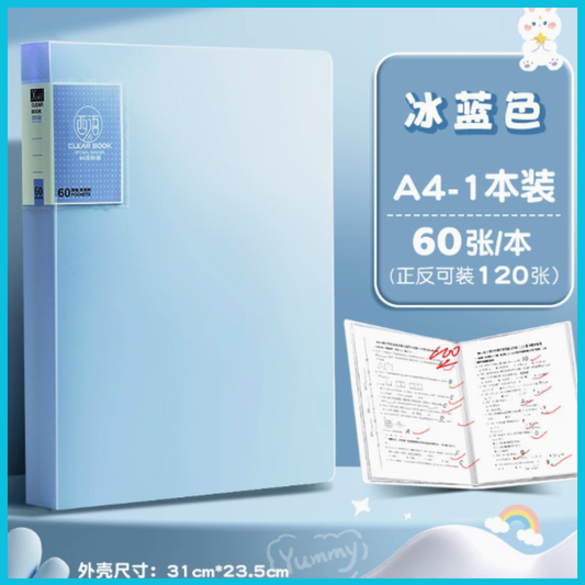 【藍色 60頁裝 收納本】收納本 A4文件夾 資料冊 試卷單據收納 插袋資料夾 資料插頁活頁夾 資料薄 試卷夾 試卷冊 文件保護檔案收納整理 Clear Book 練習冊收納- View 1-ManyMart 萬嚟買