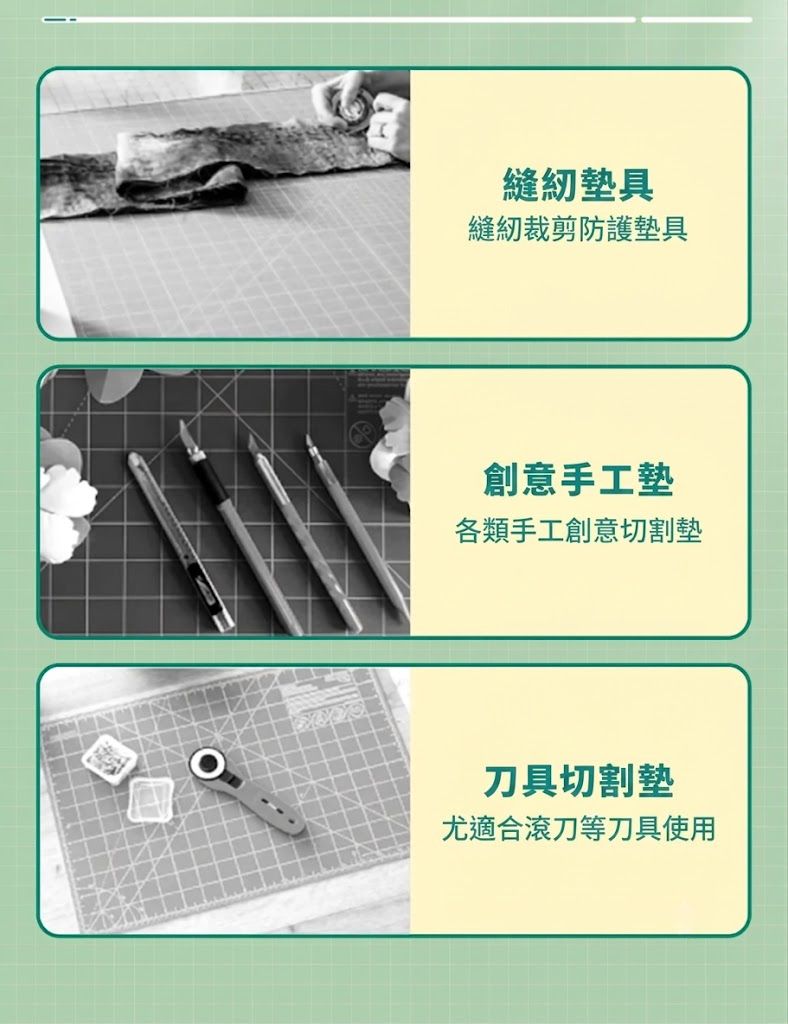 可折疊成A4！加厚A3切割墊｜三層軟硬結構 減輕損耗 刻度清晰 雙面可用｜摺疊雕刻板 美勞切紙墊 手帳切割板 學生辦公室Office文具 模型DIY 橡皮章 裁布 易收納便攜 界刀板 鎅刀板 （綠色）- View 17-ManyMart 萬嚟買
